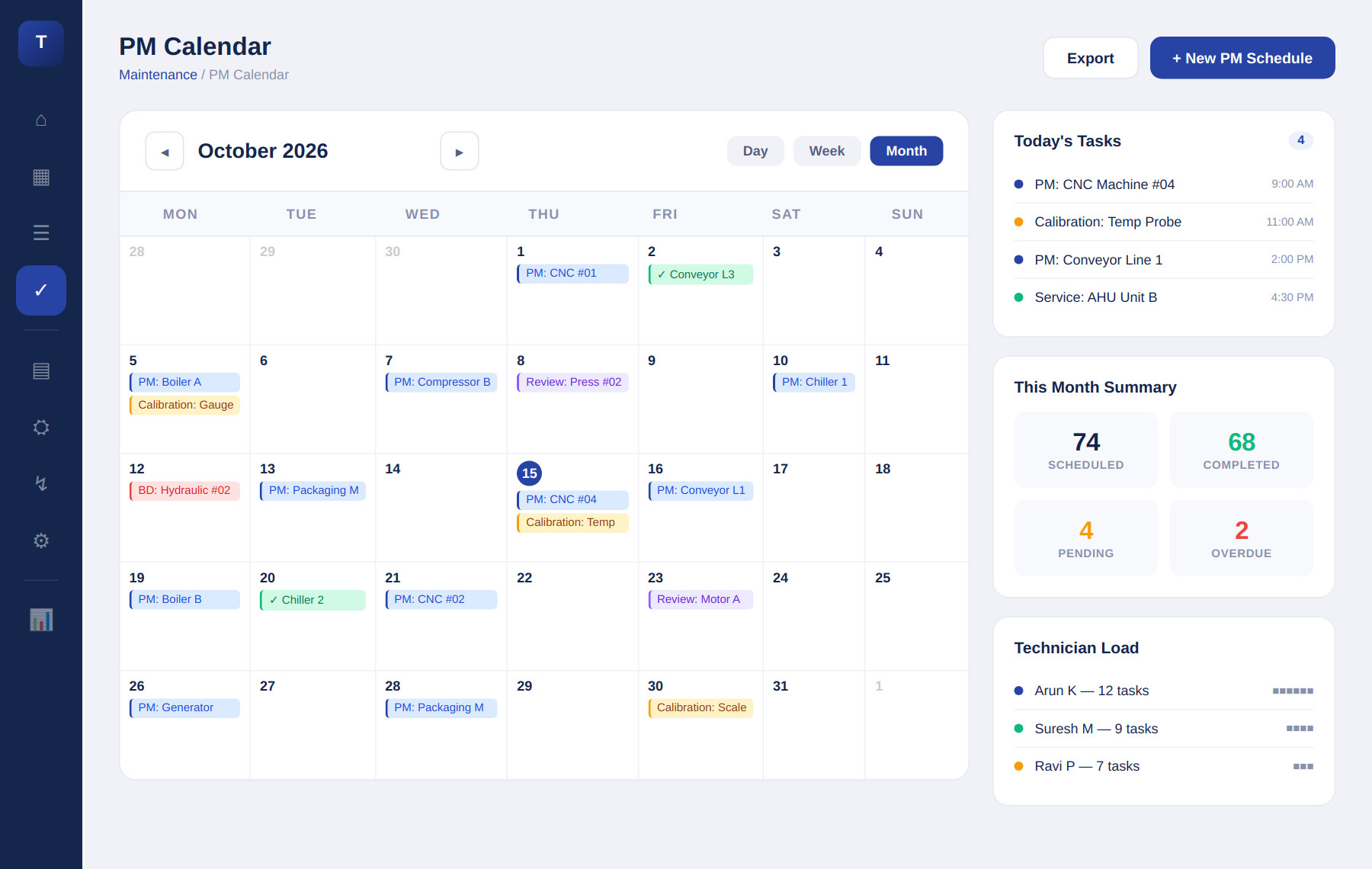TorqHub PM Calendar — schedule, track, and manage preventive maintenance tasks